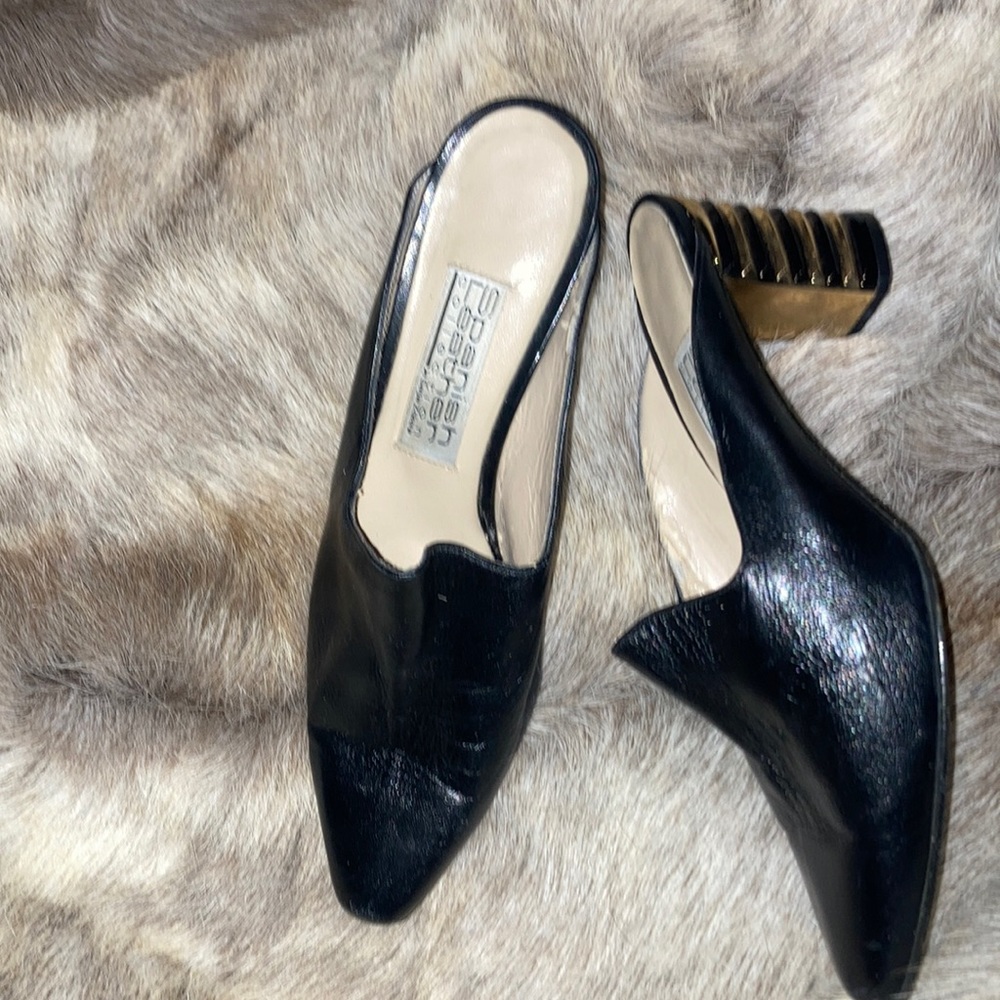 Black leather w/gold decorative accent to 3” heel slip ons